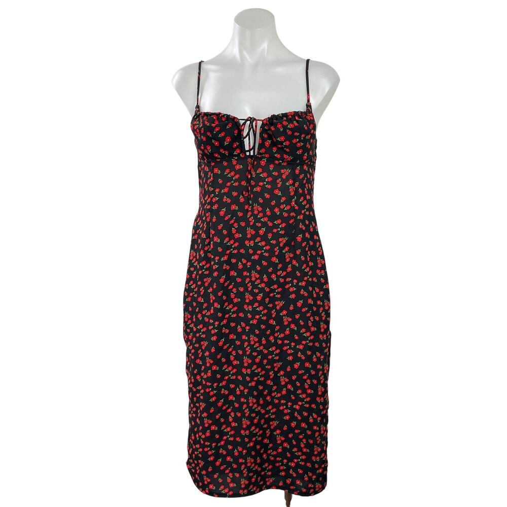 Princess Polly Black Red Floral Sleeveless Tie Slit Cami Midi Slip Dress Size 6